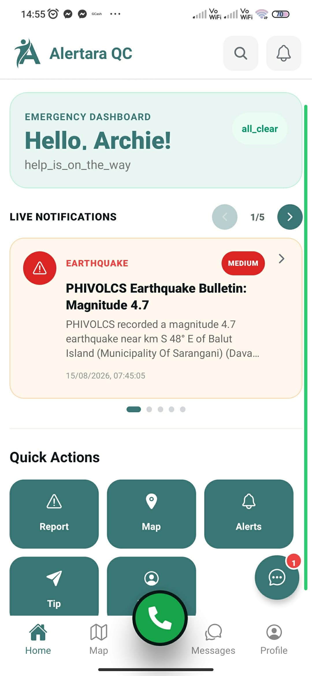 The AlerTaraQC app home screen: an emergency dashboard greeting, a live notification feed carrying a PHIVOLCS earthquake bulletin, and quick actions for Report, Map, Alerts, and Tip.
